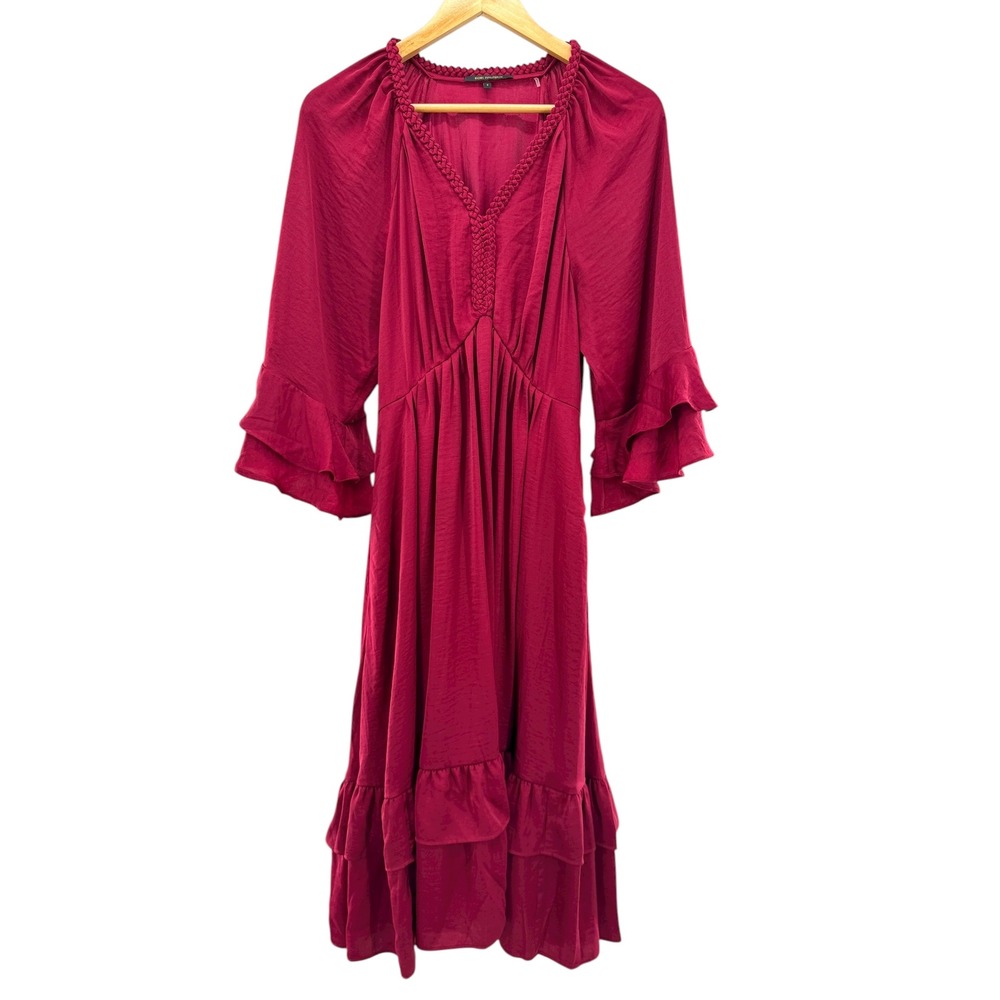 Kobi Halperin Bryant Ruffle Trim Midi Dress Red Boho Satin Tiered Size Small
